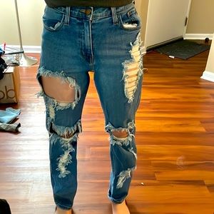 Dark deep dark blue denim stretchy highwaisted distressed ripped jeans-WORN ONCE